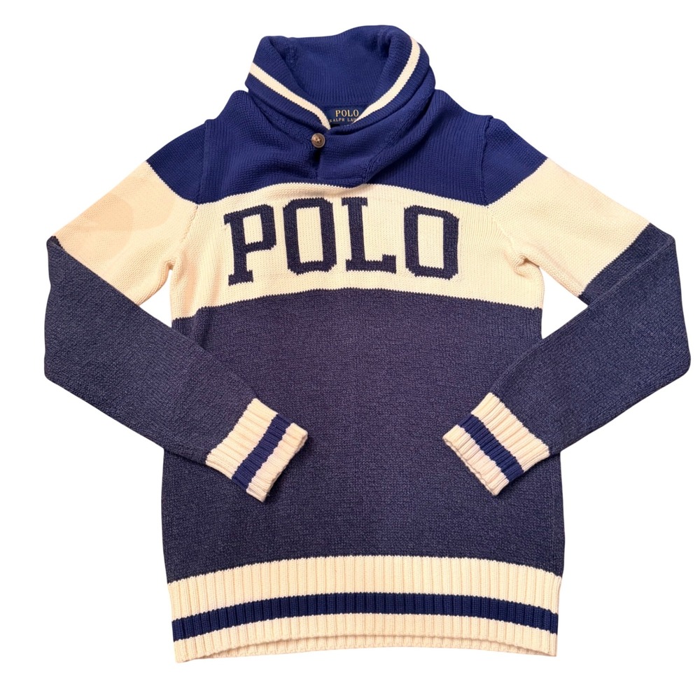 Polo Ralph Lauren Boys Blue Colorblock Shawl Collar Logo Sweater Size L 14-16